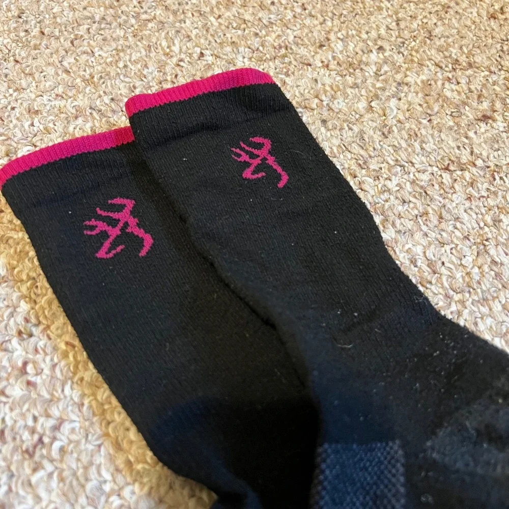 Browning Womens Crew Socks Black Pink Buckmark Logo Athletic Hiking Outdoor